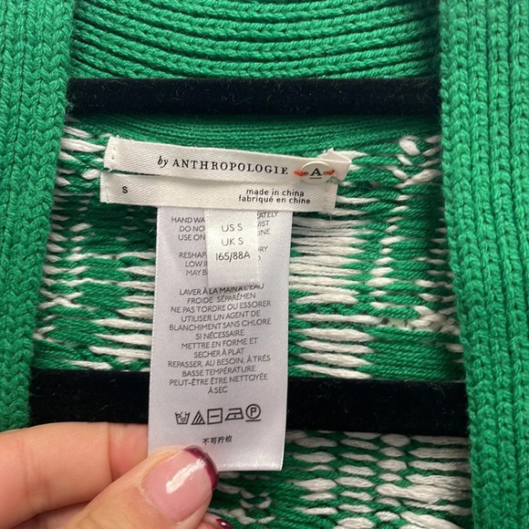 Anthropologie Green & White Openwork Geometric Cardigan - Picture 3 of 6